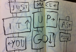 An open book with "just make it up as you go along" written on several singposts with arrows pointing different ways